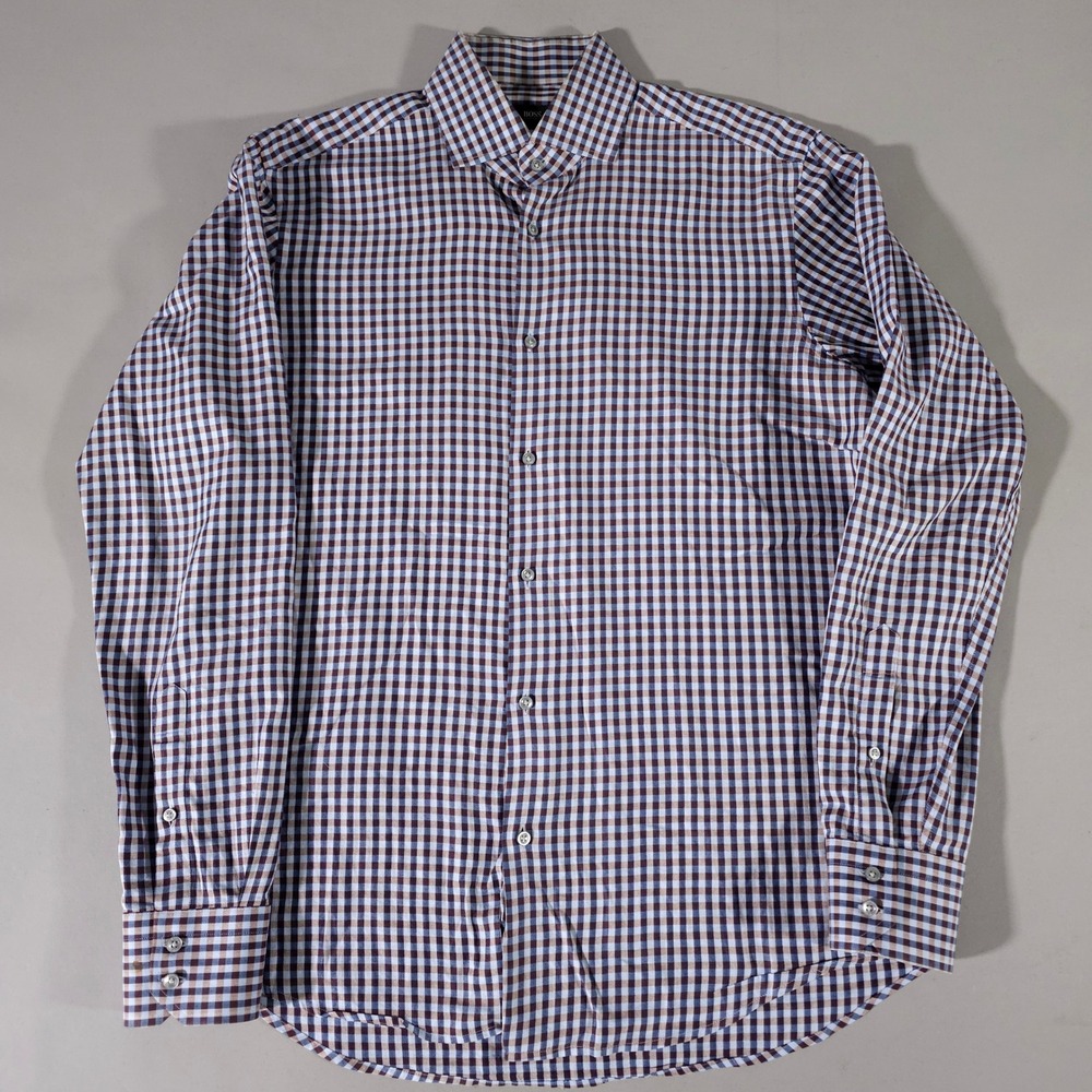 BOSS Hugo Boss Button Down Shirt Men 15.5 Blue Brown Gingham Regular Fit Italian